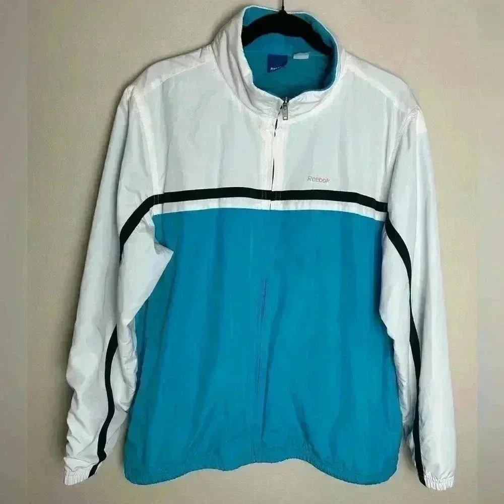 Retro Reebok Windbreaker Jacket Lined Full Zip Blue White Navy Stripe Y2K